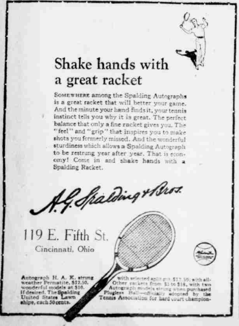 Vintage 1926 newspaper ad for Spalding Autograph tennis rackets featuring a player illustration, signature logo, and Cincinnati retail address.