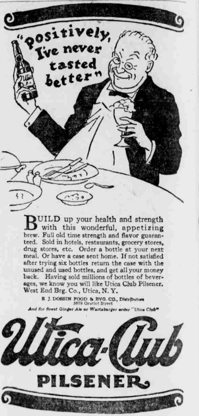 Vintage 1926 Utica Club Pilsener beer advertisement showing a smiling diner holding a bottle and glass beside the slogan “Positively, I’ve never tasted better.”
