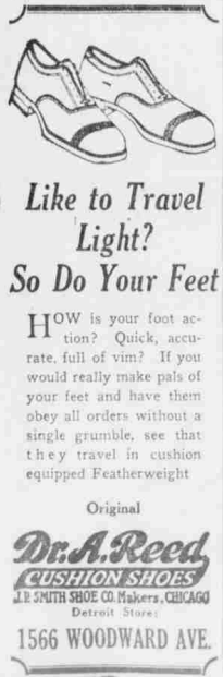 Vintage 1926 Dr. A. Reed Cushion Shoes ad featuring illustrated dress shoes and the slogan “Like to Travel Light? So Do Your Feet.”