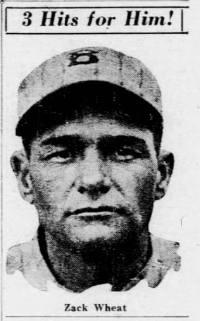 1926 newspaper portrait of Brooklyn Robins star Zack Wheat, who recorded three hits against the Chicago Cubs.