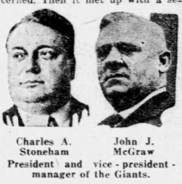 1926 newspaper portraits of New York Giants president Charles A. Stoneham and manager John McGraw during reports of organizational turmoil.