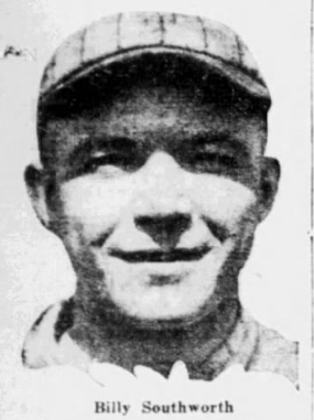 1926 newspaper portrait of New York Giants outfielder Billy Southworth, who starred in a loss to the Cardinals with a home run and three RBIs.