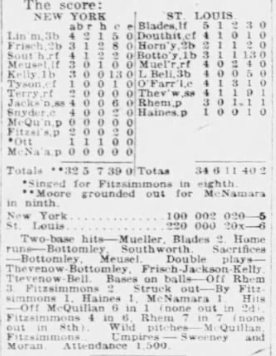 1926 newspaper box score showing the St. Louis Cardinals defeating the New York Giants 6–5 behind key hits from Hornsby and Bottomley.