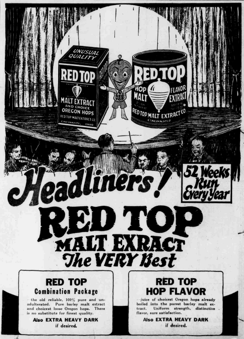 Vintage 1926 newspaper ad for Red Top Malt Extract showing a stage scene with musicians and product boxes, advertising hop-flavored malt extract from Cincinnati.