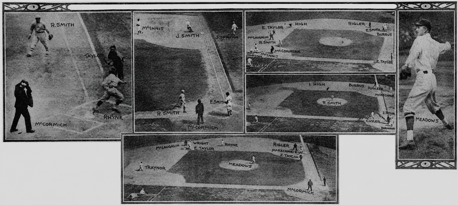 1926 Pittsburgh Post photo caption describing key moments from the Pirates’ 3-2 victory over the Boston Braves at Forbes Field, including Hal Rhyne, Hazen Cuyler and Lee Meadows.