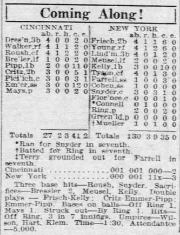 1926 newspaper box score showing the New York Giants defeating the Cincinnati Reds 3–2. The box lists player batting lines for both teams, including Frank Snyder's three hits for New York and Edd Roush's triple for Cincinnati, along with inning-by-inning scoring and game summary details.
