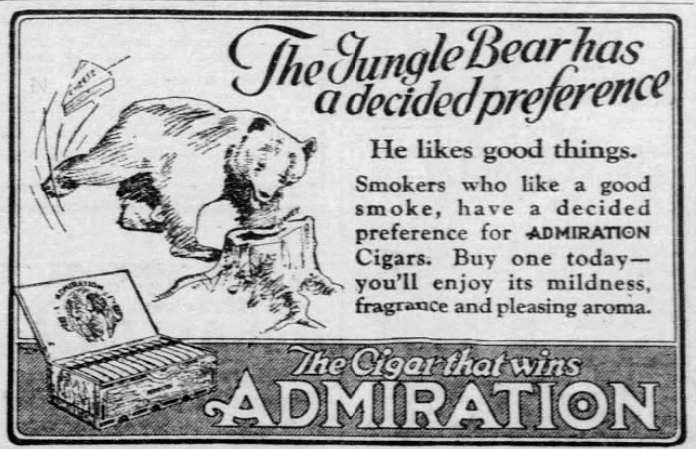 Vintage 1926 Admiration Cigars newspaper advertisement featuring a bear in a jungle setting alongside an open cigar box. The ad promotes Admiration as "The Cigar that Wins Admiration" and emphasizes its mildness, fragrance, and taste.