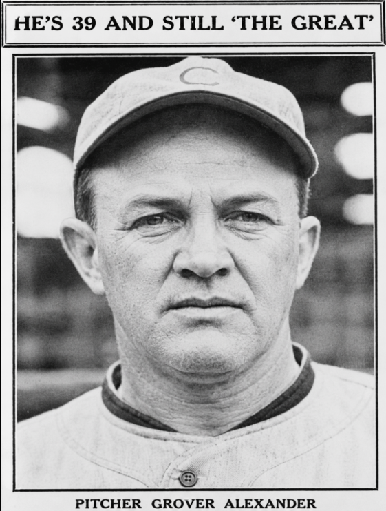 Enhanced 1926 newspaper portrait of Cardinals pitcher Grover Cleveland Alexander beneath the headline "He's 39 and Still 'The Great'."