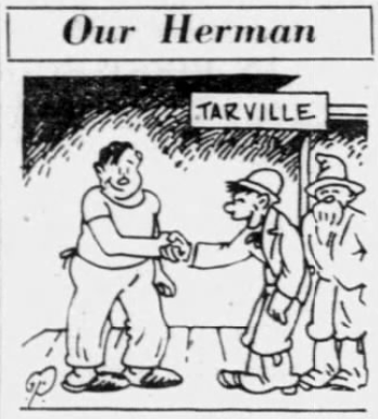 Cartoon titled "Our Herman" showing Babe Ruth shaking hands with admirers at a train station during the Yankees' 1926 road trip.