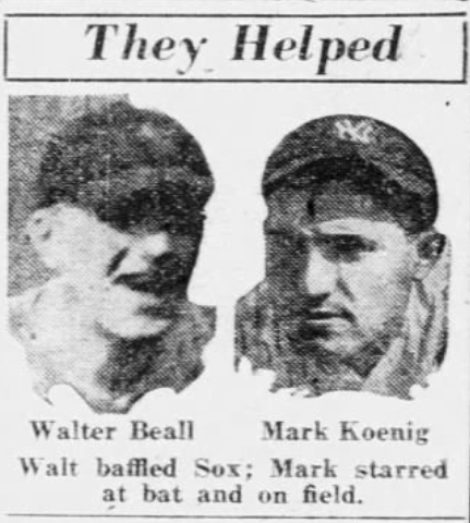 Portraits of Yankees pitcher Walter Beall and infielder Mark Koenig highlighted for their performances against the Red Sox on June 27, 1926.