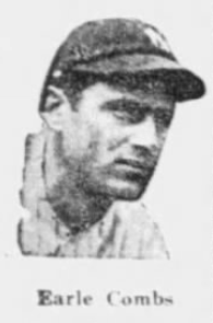 1926 newspaper portrait of Yankees center fielder Earle Combs, who doubled during New York's 6–5 comeback victory.