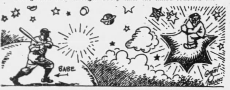 Vintage newspaper cartoon showing Babe Ruth at bat beneath a star-filled sky while a celestial figure watches from above among planets and clouds.