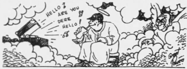 Vintage newspaper cartoon portraying Babe Ruth seated among clouds in heaven, playing music beside a phonograph while an angel looks on.