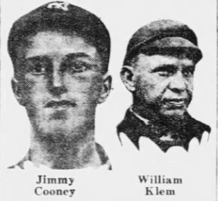 1926 newspaper portraits of Cubs infielder Jimmy Cooney and National League umpire William Klem, featured in a story about Cooney's famous practical joke on the Brooklyn Dodgers.