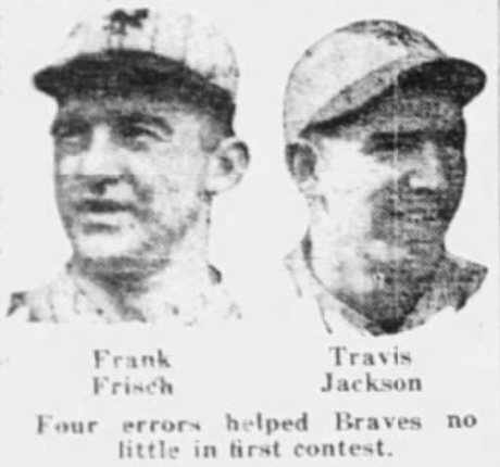 Newspaper portraits of Frank Frisch and Travis Jackson accompanying coverage of the Giants' defensive struggles against Boston.