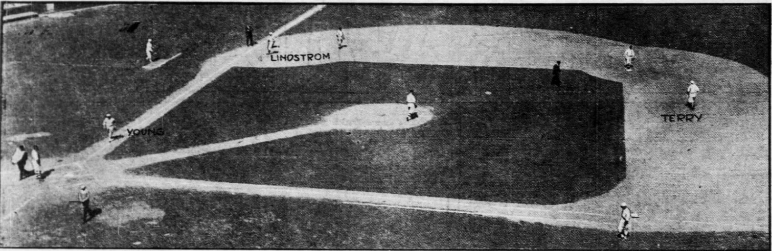 Overhead newspaper diagram of the Polo Grounds showing Giants fielders Youngs, Lindstrom, and Terry positioned during New York's 10–3 win over Philadelphia on June 21, 1926.