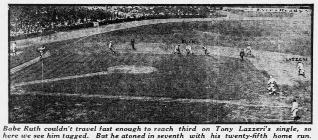 Vintage newspaper action photo showing Babe Ruth being tagged out at third base during the Yankees' June 27, 1926 game against the Red Sox.