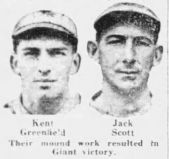 Portraits of Giants pitchers Kent Greenfield and Jack Scott following New York's 3–2 win over the Boston Braves on June 27, 1926.
