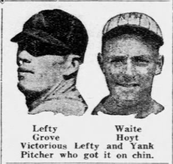 Portraits of Lefty Grove and Waite Hoyt after Grove led the Athletics to a 7–1 win over the Yankees on June 28, 1926.