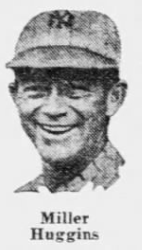 Newspaper portrait of Yankees manager Miller Huggins, shown smiling during the 1926 season while guiding New York atop the American League standings.