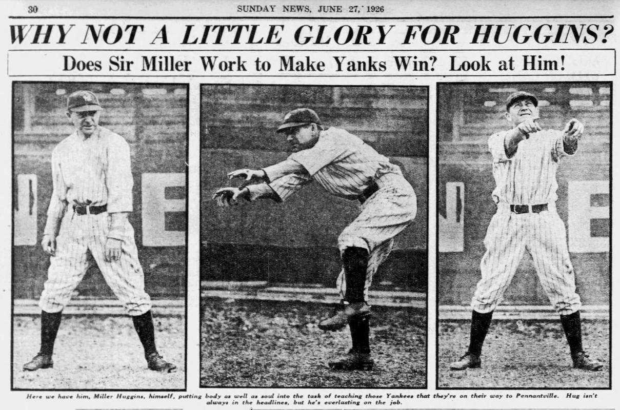 1926 newspaper montage of New York Yankees manager Miller Huggins demonstrating baseball fundamentals during practice for an editorial praising his leadership.