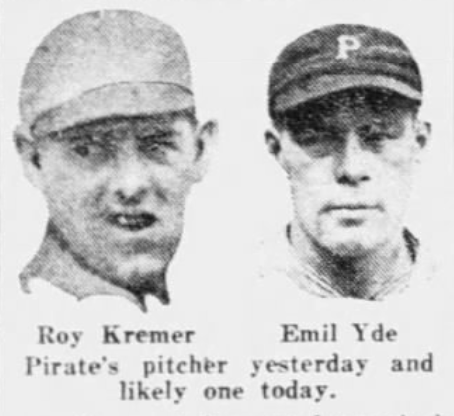 1926 newspaper portraits of Pirates pitchers Roy Kremer and Emil Yde during Pittsburgh's series against the New York Giants.