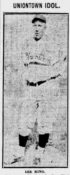 Black-and-white newspaper photograph of baseball player Lee King standing in uniform, featured under the headline "Uniontown Idol" in a 1926 newspaper clipping.