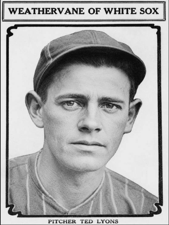 Enhanced 1926 newspaper portrait of Chicago White Sox pitcher Ted Lyons beneath the headline "Weathervane of White Sox."