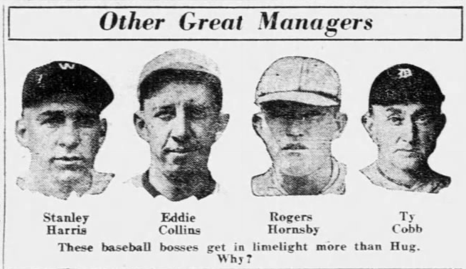 1926 newspaper panel featuring Stanley Harris, Eddie Collins, Rogers Hornsby, and Ty Cobb in an editorial comparing the recognition of major league managers.