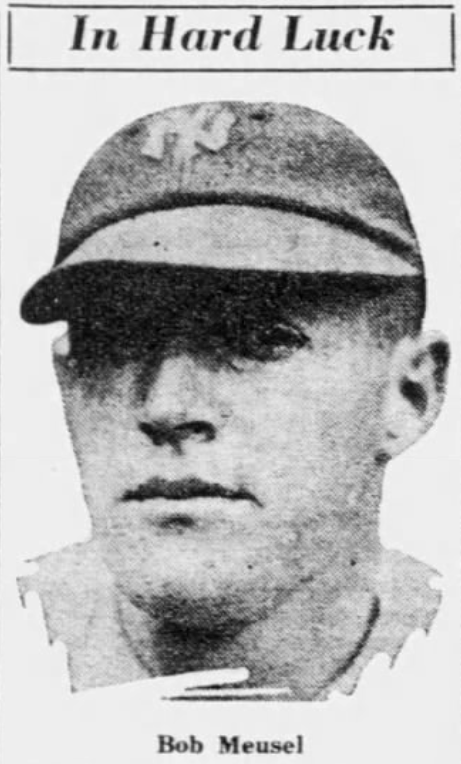 1926 newspaper portrait of New York Yankees outfielder Bob Meusel after a broken foot injury threatened to derail his outstanding season.