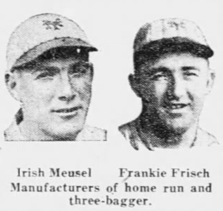 1926 newspaper portraits of Giants stars Irish Meusel and Frankie Frisch, who accounted for New York's key offensive plays against Pittsburgh.
