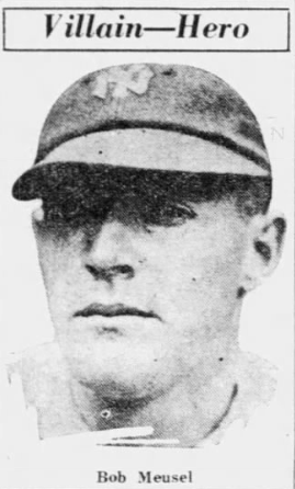 1926 newspaper portrait of Yankees outfielder Bob Meusel, whose RBI single lifted New York past the White Sox, 6–5.