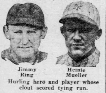 1926 newspaper photo featuring headshots of New York Giants pitcher Jimmy Ring and outfielder Heinie Mueller. The caption identifies Ring as the game's pitching hero and Mueller as the player whose clutch hit scored the tying run against the Cincinnati Reds.