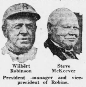 Composite newspaper image showing Wilbert Robinson and Steve McKeever, key Brooklyn Robins executives during the club's ownership negotiations.