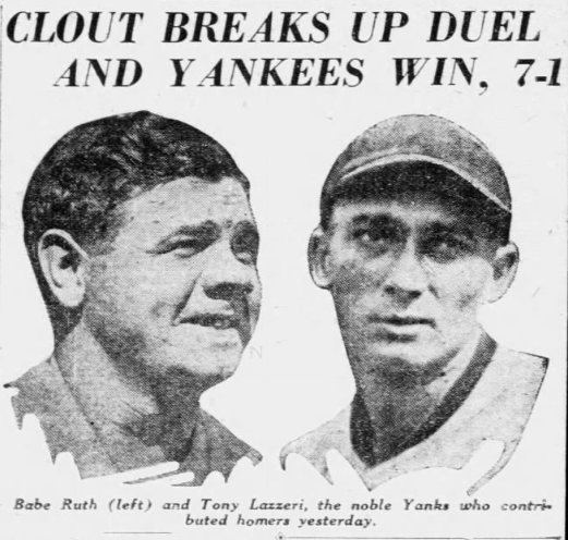 Newspaper portraits of Babe Ruth and Tony Lazzeri after both hit home runs in the Yankees' 7–1 win over the Red Sox.