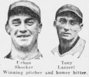 1926 newspaper photo featuring New York Yankees pitcher Urban Shocker and infielder Tony Lazzeri. The caption identifies Shocker as the winning pitcher and Lazzeri as the game's home run hitter in a victory over the St. Louis Browns.