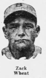 Newspaper portrait of Zack Wheat, longtime Brooklyn outfielder whose ninth-inning hit helped spark a comeback win over the Braves.