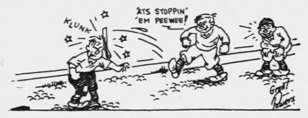 1926 cartoon of children playing Kick the Wicket as a flying stick hits one boy in the head while another runs and a teammate cheers.