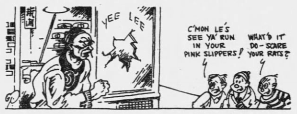 1926 cartoon showing boys taunting an angry Chinese laundry owner after a flying wicket breaks his storefront window during a game of Kick the Wicket.