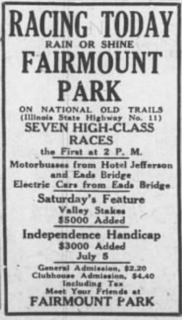 Vintage Fairmount Park horse racing advertisement announcing seven races and July handicap events near St. Louis.