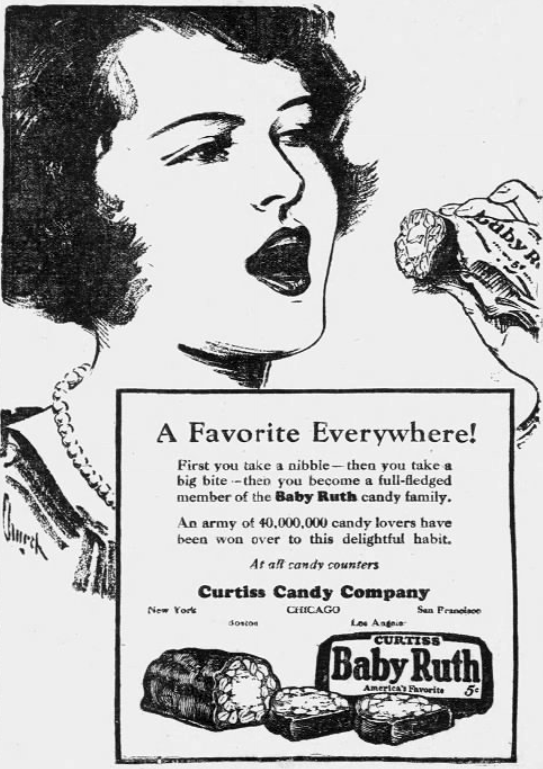1926 Baby Ruth candy advertisement featuring a woman taking a bite and promoting Curtiss Candy Company's popular five-cent candy bar.
