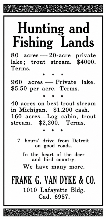 1926 Frank G. Van Dyke & Co. advertisement offering Michigan hunting and fishing land with lakes, trout streams, and cabins.