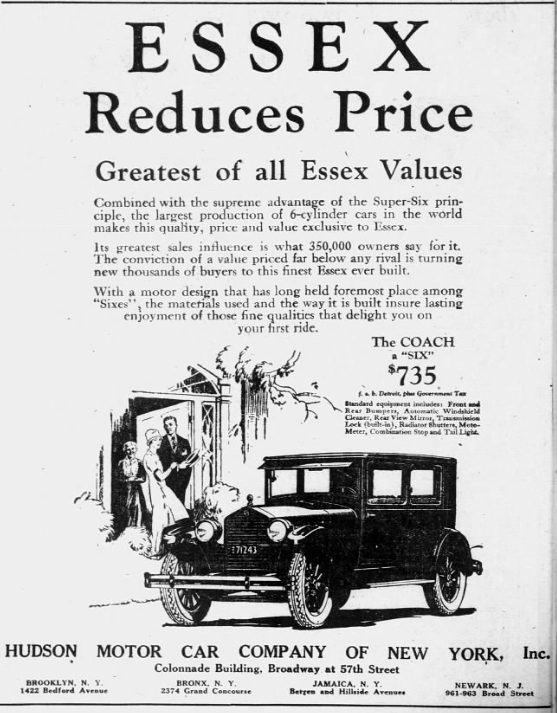 1926 Essex automobile advertisement featuring a Super Six coach model and promotional text emphasizing value, quality, and modern engineering.
