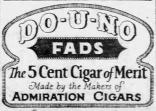 1926 newspaper advertisement for Admiration Cigars featuring the slogan "Do-U-No Fads" and a five-cent cigar promotion.