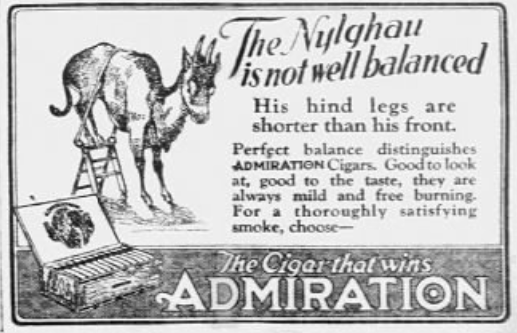 Vintage 1926 Admiration Cigars newspaper advertisement featuring an illustrated donkey and cigar box.