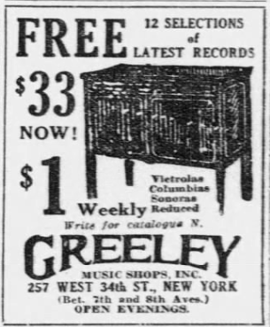1926 Greeley Music Shops advertisement offering free records with a Victrola purchase and weekly payments.