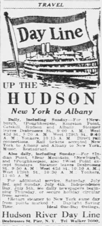 Vintage 1926 Hudson River Day Line advertisement featuring steamship travel between New York City and Albany.