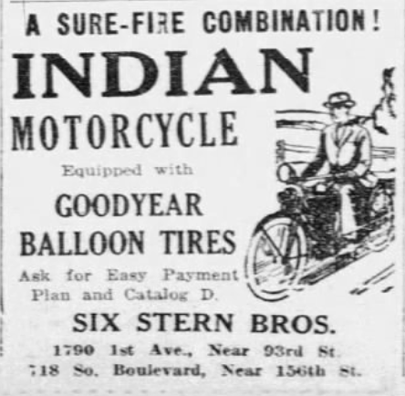 1926 newspaper advertisement for Indian Motorcycles featuring Goodyear Balloon Tires and easy payment plans.