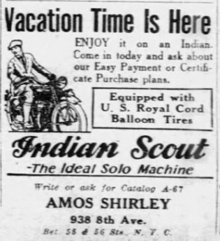 1926 advertisement for the Indian Scout motorcycle promoting vacation travel and installment purchase plans.