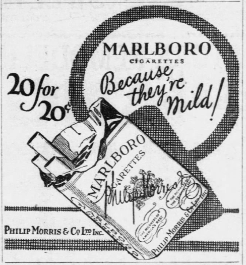1926 Marlboro cigarette advertisement showing an open cigarette package and promoting the brand's mild flavor and low price.